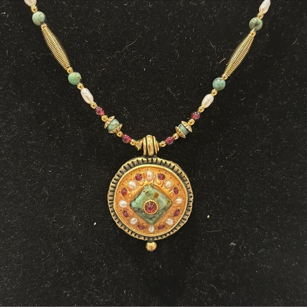 Michal Golan signed beaded pendant necklace featuring jade and garnet gemstones